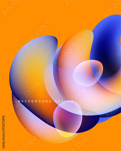 Abstract vibrant shapes overlap, creating dynamic visual effect. Orange background complements blue, purple hues. Modern design element.