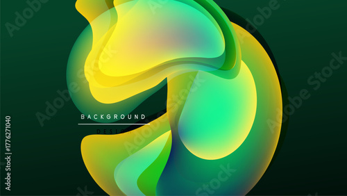 Abstract fluid shapes, vibrant colors blend. Yellow, green, blue hues create dynamic composition against dark backdrop. Modern design element.