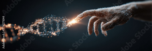 Conceptual image of creation showing human hand reaching out to touch luminous dna strand. spark of life connecting science, genetics, and future of humanity