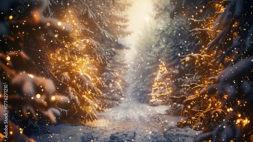 Wallpaper Mural Magical forest with christmas trees and glowing lights Torontodigital.ca