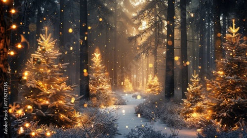Magical forest with christmas trees and glowing lights