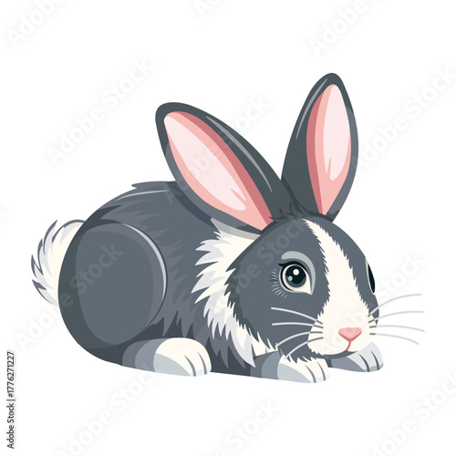 Cute gray and white rabbit hiding behind green fern leaves on a white background. Realistic character, perfect for wildlife, forest, and spring themes. Vector illustration in flat cartoon style