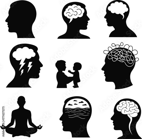 Human head silhouettes with abstract internal thoughts and actions