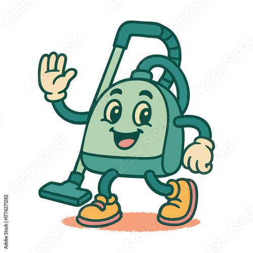 Retro vacuum cleaner cartoon character cheerfully waving hello, bringing a touch of vintage fun to cleaning and housework concepts with friendly charm