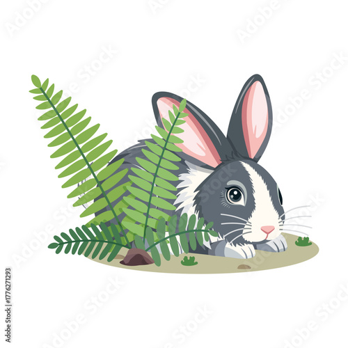 Cute gray and white rabbit hiding behind green fern leaves on a white background. Realistic character, perfect for wildlife, forest, and spring themes. Vector illustration in flat cartoon style