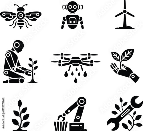 Robot planting bee drone wind turbine wrench and plant