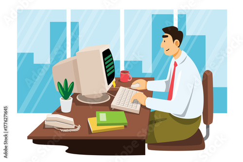 Age of Information. Office worker working on computers. Cartoon character illustration. Isolated white background. Vector.