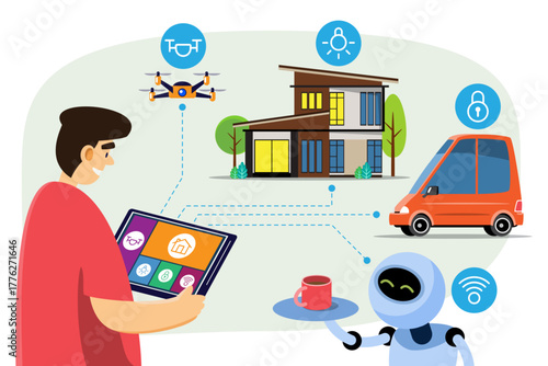 Age of The Fourth Industrial Revolution. People using IoT systems to control the connectivity between devices like cars, houses, drones and robots. Isolated white background. Vector.