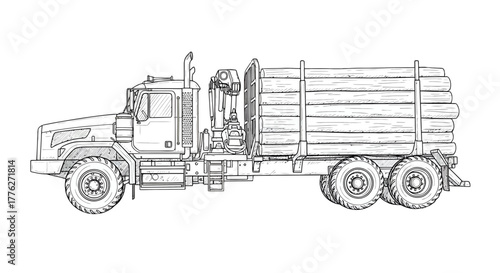 Black and white line art of a heavyduty logging truck with a crane fully loaded with timber logs shown in a side profile view.