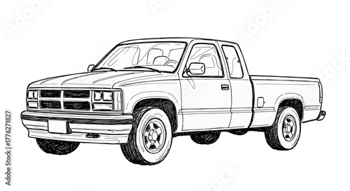 Classic singlecab pickup truck in a detailed black and white line art sketch illustration.