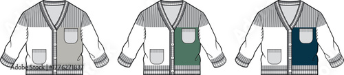 Set of men's knitwear cardigan flat sketches. Vector graphic of color-blocked sweaters with buttons and pockets for fashion design concepts
