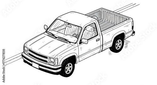 Classic singlecab pickup truck in a detailed handdrawn black and white ink style.