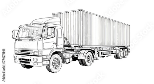 Detailed black and white line art drawing of a semitrailer truck with a large cargo container.