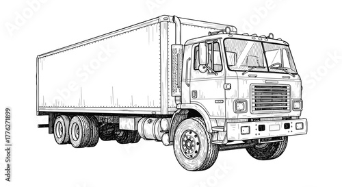Detailed black and white line art illustration of a classic semitruck with a large cargo trailer.