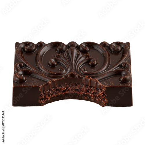 Ornate, glossy dark chocolate border with intricate swirls, a central crest, and a bite taken out revealing a fudgy interior, isolated on a transparent background. Concept of gourmet indulgence