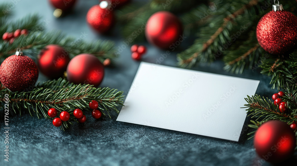 Obraz premium White blank holiday card nestled among red ornaments, pine sprigs, and festive berries resting on dark surface offering seasonal greeting space