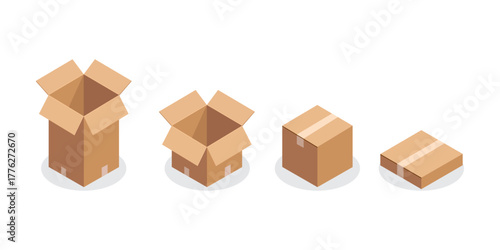vector illustration of A row of brown cardboard boxes in various states, from open to closed. Great for packaging, shipping, moving, delivery, and home storage concepts with a simple, practical feel.