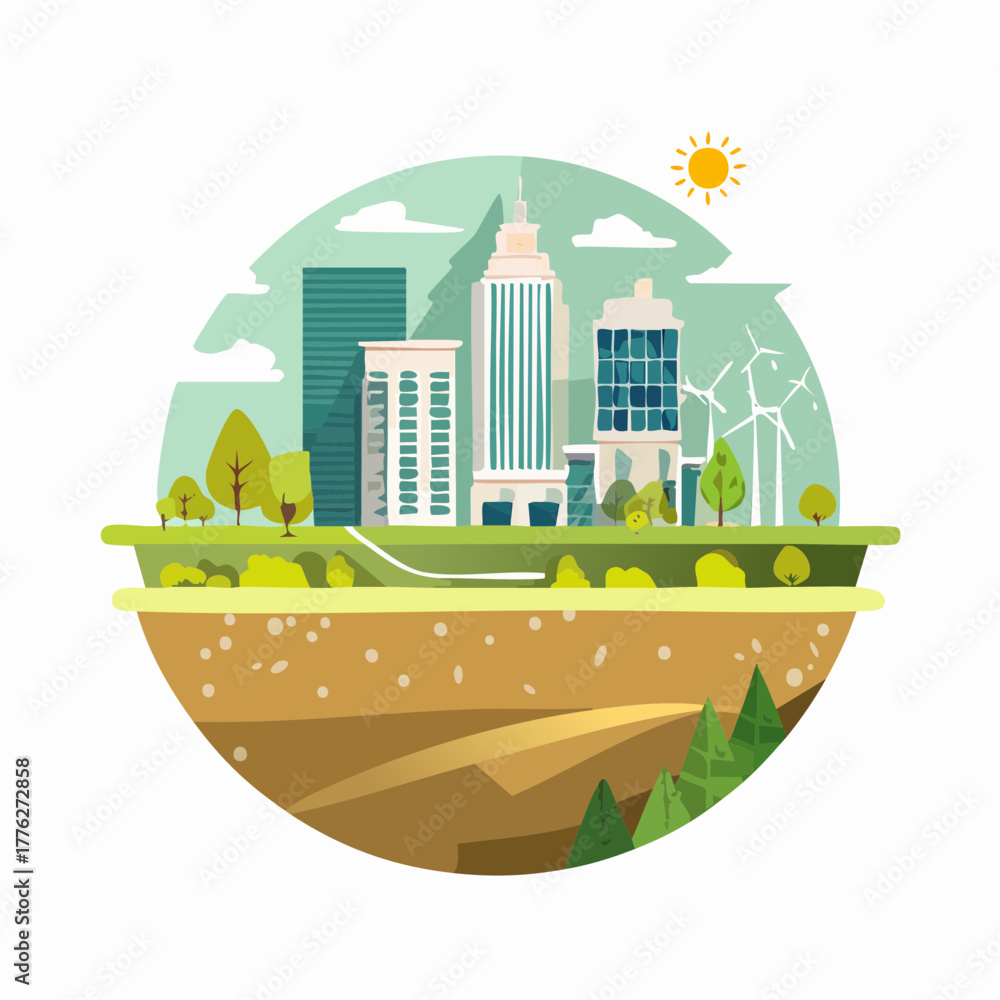 Obraz premium Sustainable Cityscape with Green Energy and Infrastructure.