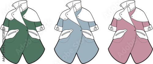 Chic women's outerwear design flat sketch collection in green, blue, and pink colorways for apparel manufacturing