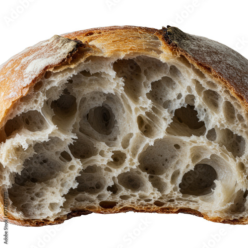 Ultra close-up macro of torn artisanal bread, revealing exquisite off-white, transparent crumb with strands, dramatic shadows on soft gray background. Concept of intricate texture