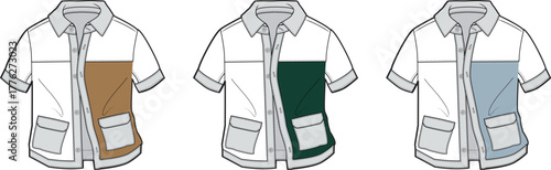 Short-sleeved collared shirts in three different color block designs for casual wear