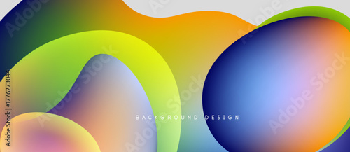 Abstract fluid shapes blend vibrant colors. Gradient design creates smooth transitions, modern aesthetic. Background features flowing forms, dynamic composition.