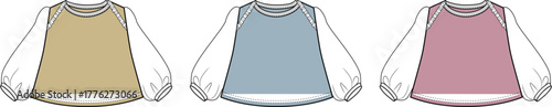 Vector illustration of a lantern sleeve blouse with gathered cuffs in beige, blue, and pink