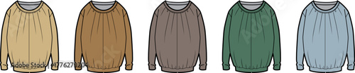 Illustrations of five women's long-sleeved blouses in a diverse color palette, suitable for fashion design and apparel concepts