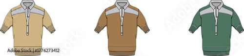 Men's long-sleeve polo shirts. Casual quarter-zip design with contrasting shoulder panels in beige, brown, and green. Ideal for fashion design and apparel mockups
