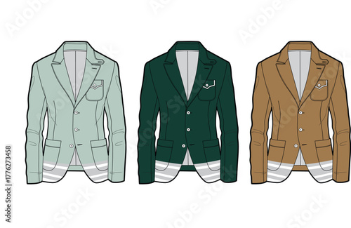 Set of three tailored blazers in light green, deep green, and tan, showcasing classic design elements and pocket details