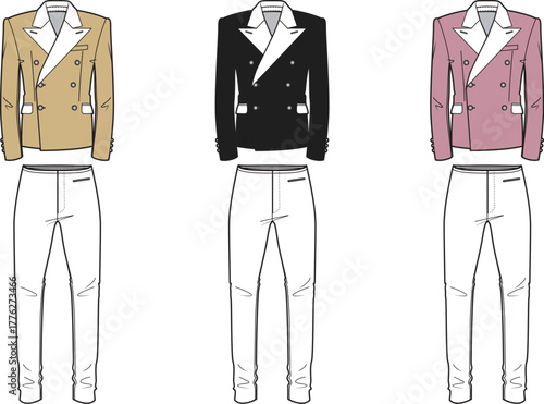Fashion illustration set showcasing various modern tailored suits with double-breasted blazers and slim-fit trousers in different color combinations for design projects