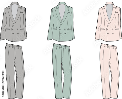 Collection of Men's Double-Breasted Suits in Various Pastel Colors and Styles