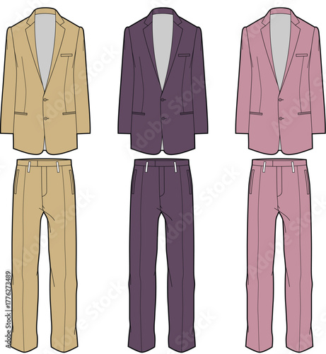 A vibrant collection of men's two-piece suits, featuring jacket and trouser sets in beige, purple, and pink. A modern take on classic formal wear design