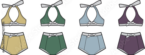Colorful collection of women's vintage-style bikini sets. High-waisted bottoms and halter tops adorned with bow details. Retro swimwear designs perfect for timeless summer fashion illustrations