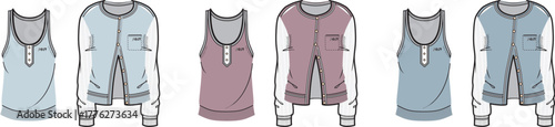 Technical fashion flat sketch of a varsity jacket and henley tank top. Vector template for clothing apparel design concept
