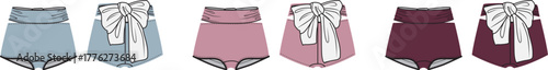 Fashion design technical flat sketch of high-waisted shorts with a large bow in various color palettes. A cute apparel template for womenswear