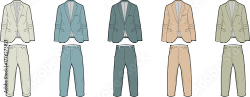 Vector illustration set of men's classic business suits in a variety of colorways, showing jacket and trouser fashion flats for design templates