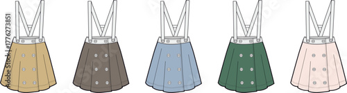 Flat sketch illustrations of five women's overall skirts in various colors, featuring button details and suspenders, suitable for fashion design and apparel concept development