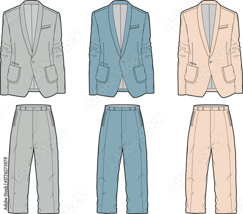 Collection of Men's Suit Outfits in Light Blue, Gray, and Beige with Matching Trousers