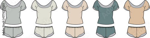 Collection of women's pajama sets with a short sleeve top and shorts. Fashion technical flat sketch template shown in multiple colorways for sleepwear or loungewear apparel design
