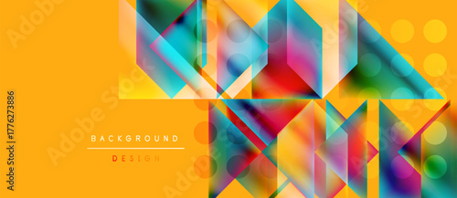 Abstract geometric shapes overlap, creating vibrant color gradients. Yellow background enhances dynamic visual effect. Text reads background design.