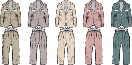 Collection of men's suits in various colors and styles