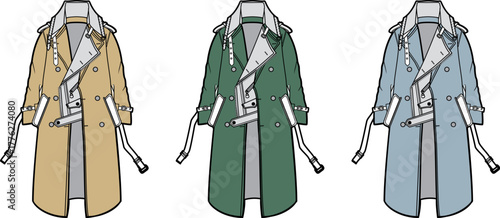 Vector illustration set of a classic belted trench coat design. Fashion flat sketch template in three color variations for clothing collections