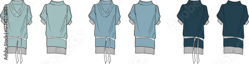 Technical fashion flat drawings of a women's short sleeve hooded sport tunic dress. Front and back view apparel design template set in various colors