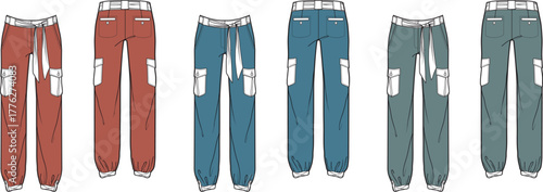 Fashion illustration of colorful cargo pants for women, casual and versatile styles