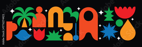 Abstract colorful geometric shapes and symbols on a black background, representing a playful and modern design