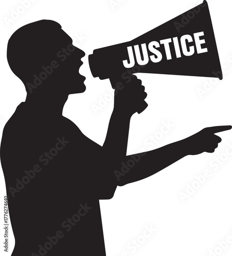 Silhouette of person shouting justice through megaphone advocating for human rights and protest