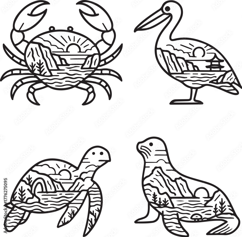 Fototapeta premium Sea-Edge Animals Vector Set ? Crab, Pelican, Turtle, Seal.eps