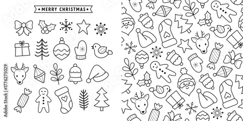 Cute Christmas Navidad icon set of reindeer, Santa, holly, gifts, gingerbread, line drawn designs for wrapping paper, invitations, cards, posters.