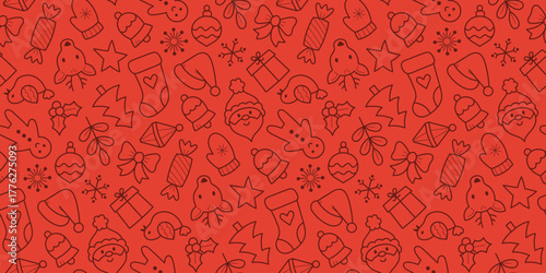Beautiful Christmas Navidad pattern with icons of Santa, gifts, reindeer, trees and baubles. Christmas wrapping paper concept, seamless pattern background.